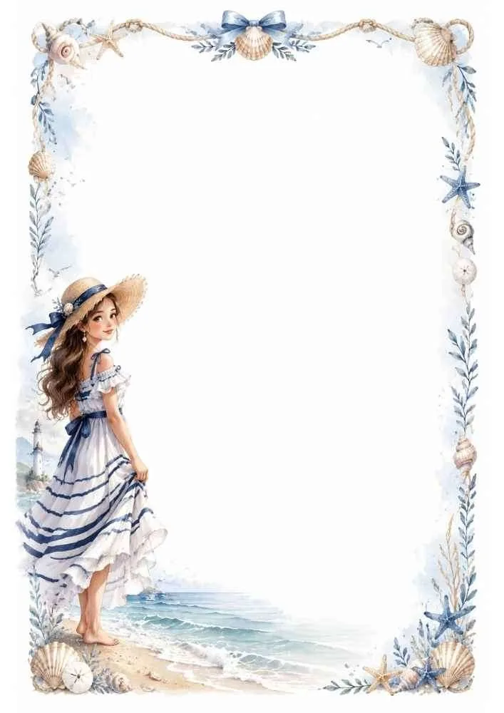 Girl in a beach dress by the shore with seashells, starfish, and ocean-themed border.