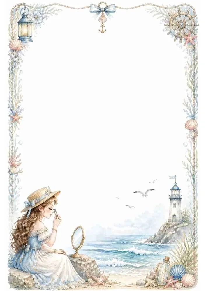 Girl by the beach with mirror, lighthouse, seabirds, and coastal border.