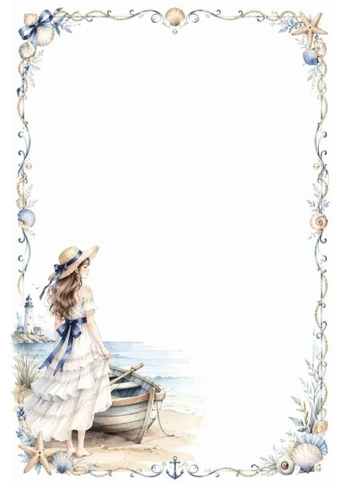 Girl near a boat with seashells, starfish, and seaside decorative border.
