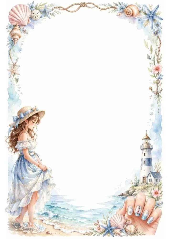 Girl walking by the sea with lighthouse, shells, and beach-themed border.