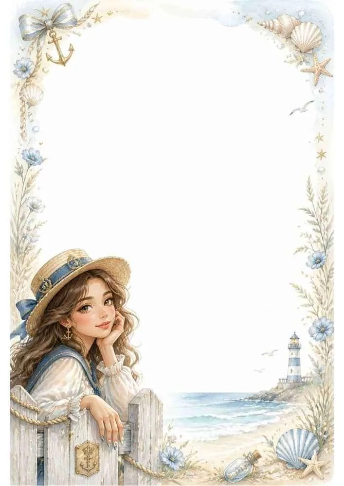 Girl leaning on fence near ocean with lighthouse and shell border.
