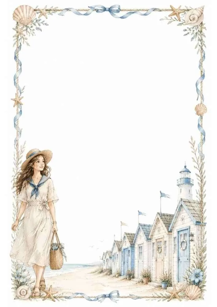Girl walking near beach cottages with seashell and ribbon border.