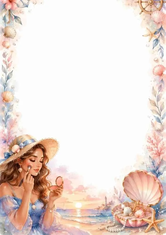 Girl applying makeup by sunset beach with seashells and pearl decorations.