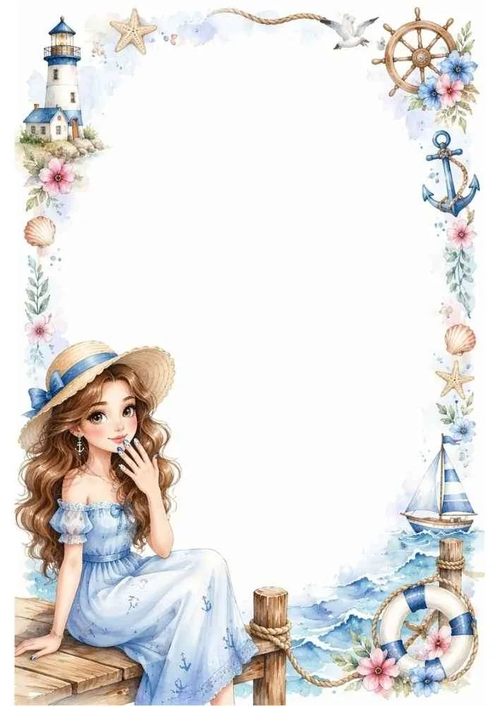Girl on dock with sailboat, lighthouse, anchor, flowers, and nautical border.