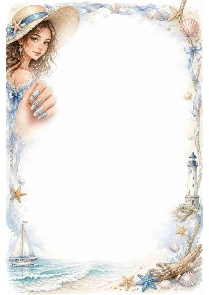 Beach girl, lighthouse, sailboat, seashells, and starfish around a decorative border.