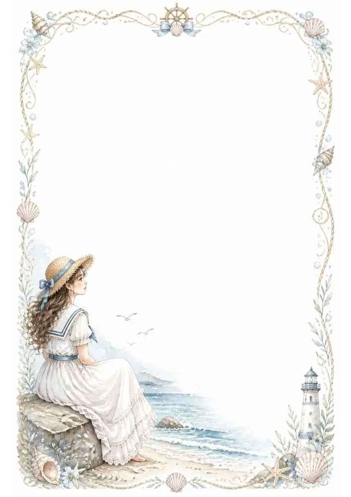 Girl sitting by the sea with lighthouse, shells, starfish, and decorative border.