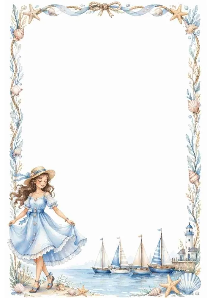 Girl by sailboats and lighthouse with seashell and rope border.