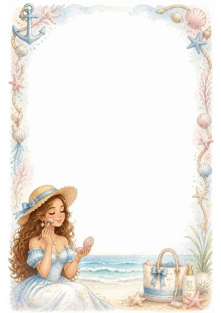 Girl applying makeup on the beach with sunscreen, bag, seashells, and border.