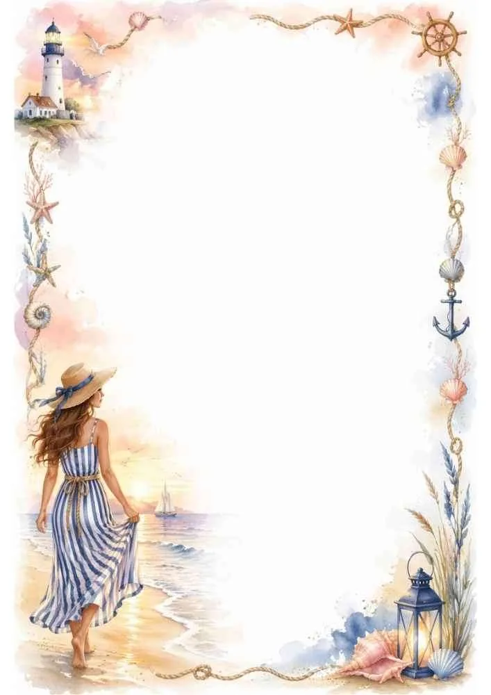 Girl walking on the beach at sunset with shells, lantern, and nautical border.
