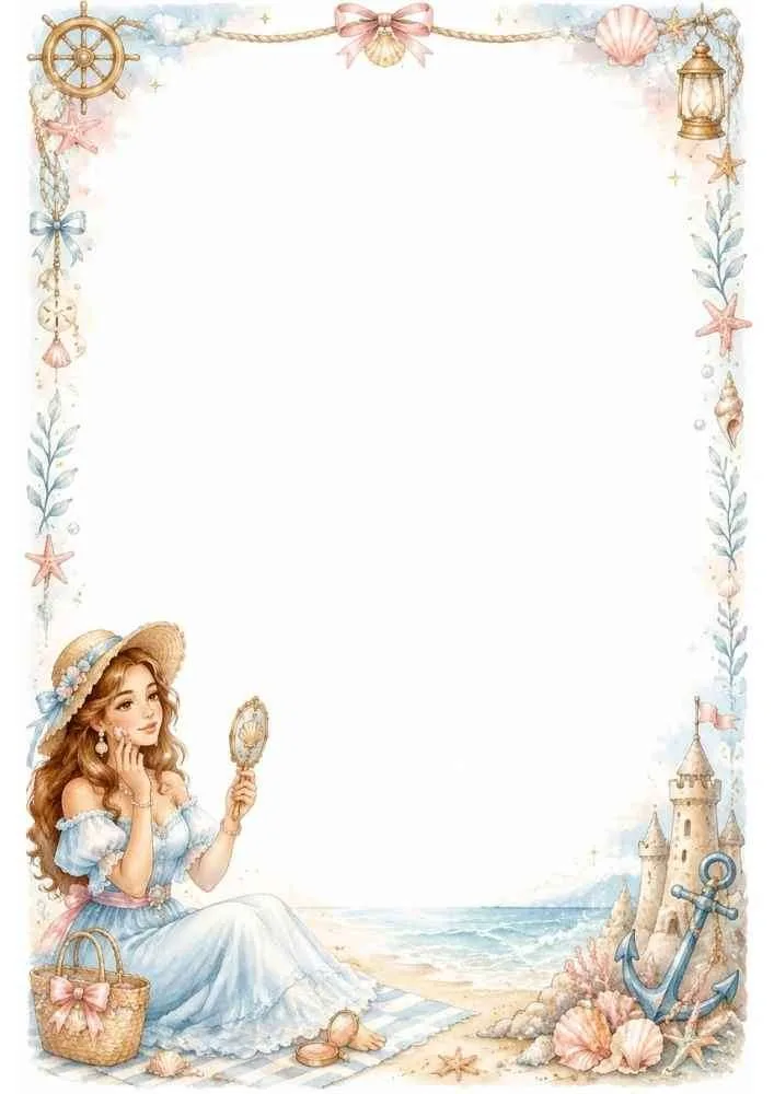 Girl holding a mirror beside a sandcastle with shells and beach border.