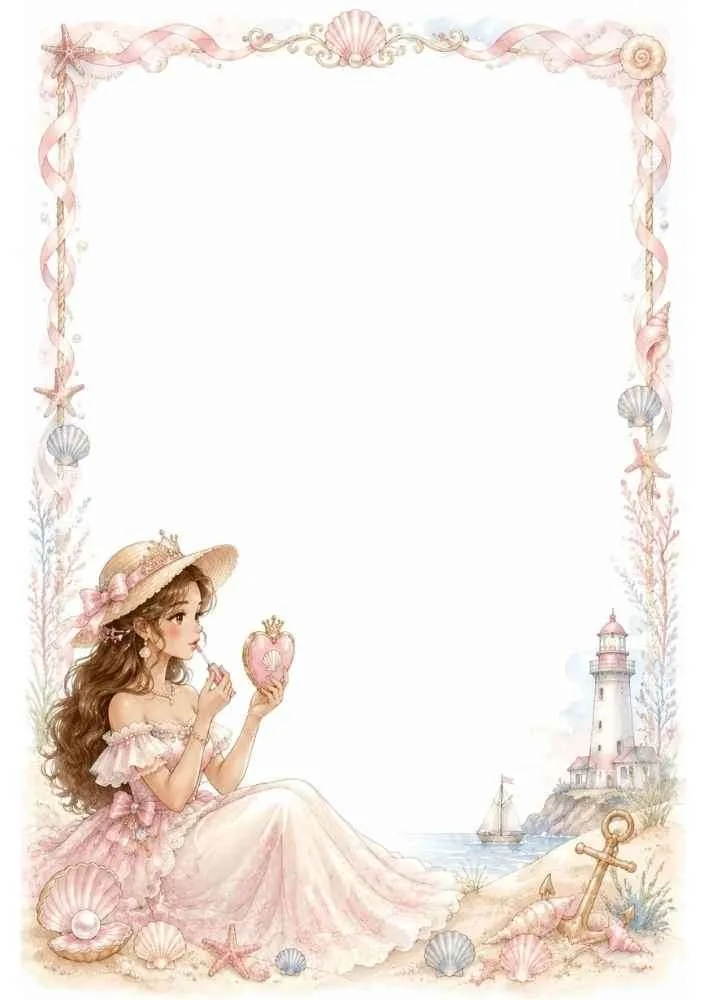 Girl in pink dress with shell mirror, lighthouse, seashells, and ocean border.
