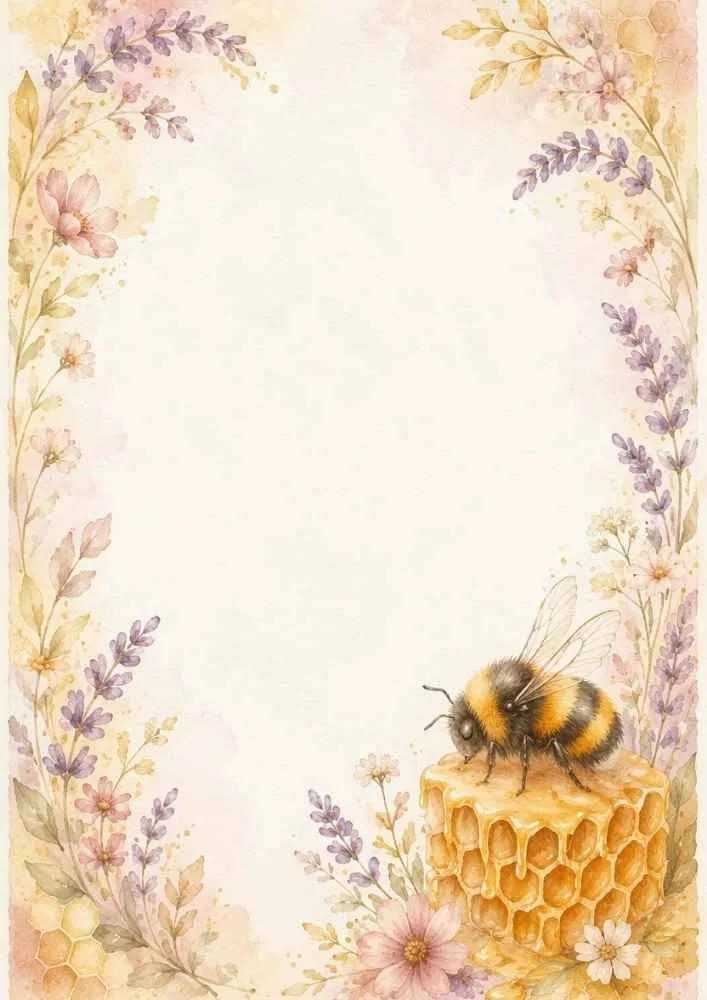 Watercolor bee border paper with wildflowers, lavender, honeycomb, and botanical frame.