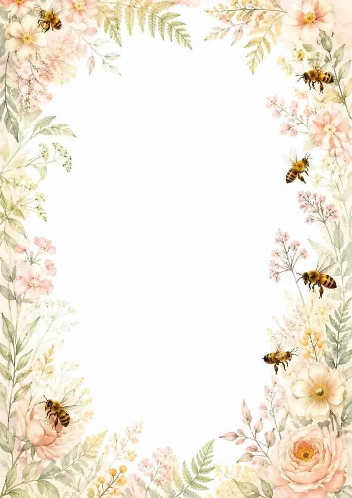Watercolor border paper with wildflowers, bees, and soft botanical greenery.