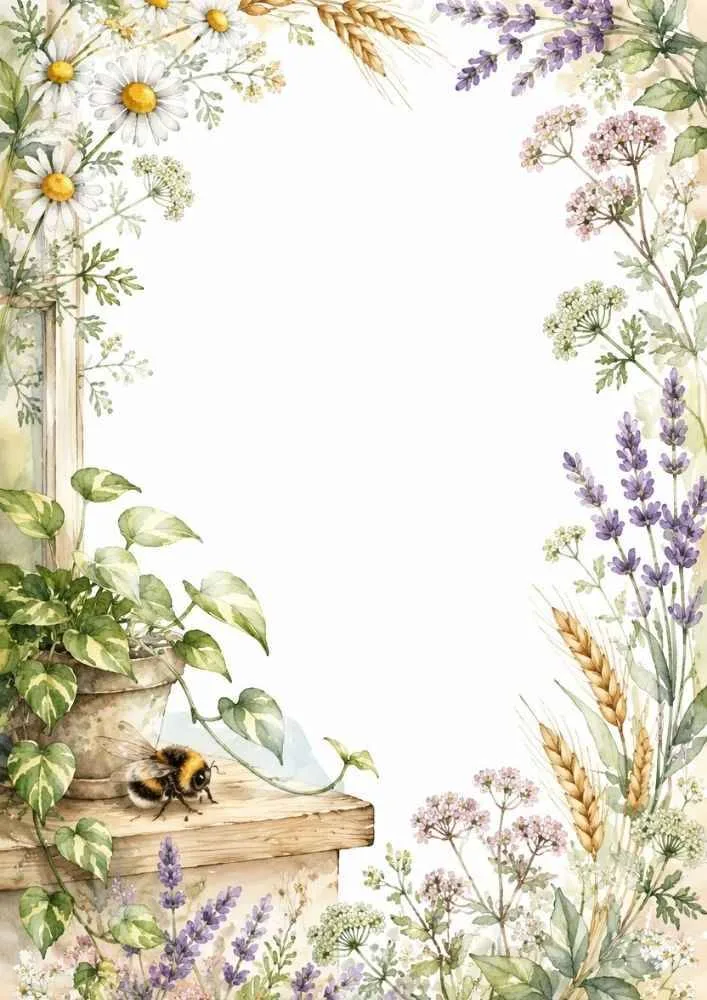 Watercolor border paper with garden bench, vines, lavender, wheat, and bee.