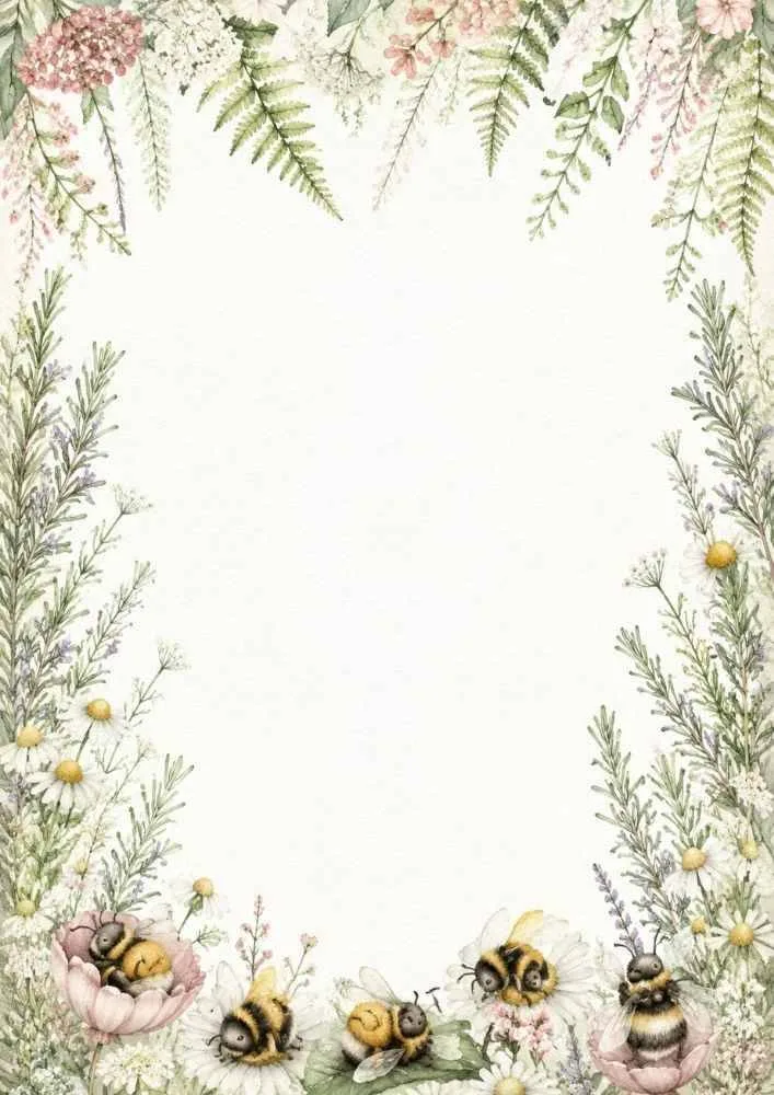 Watercolor border paper with spring blossoms, bees, ferns, and wildflowers.
