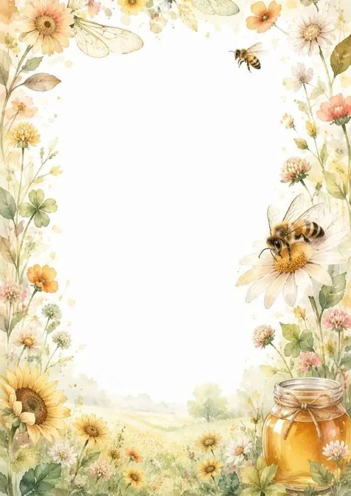 Watercolor border paper with bees, sunflowers, honey jar, and meadow flowers.