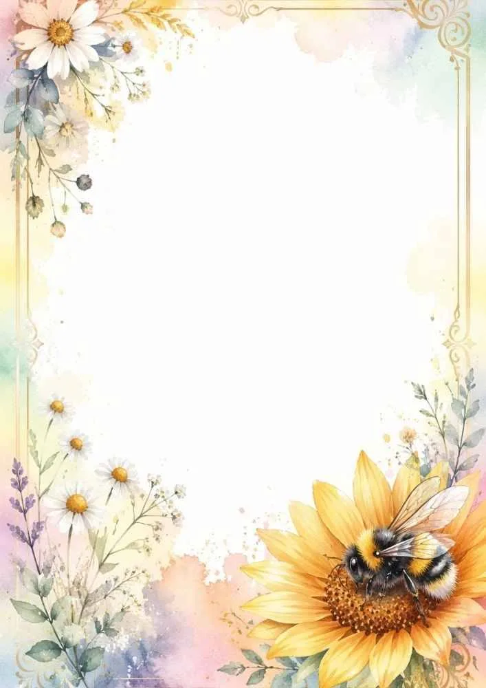 Watercolor border paper with sunflower, bumblebee, daisies, and vintage floral frame.