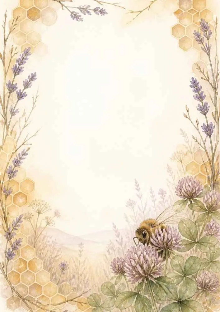 Watercolor bee border with lavender, clover, honeycomb, and wildflowers.