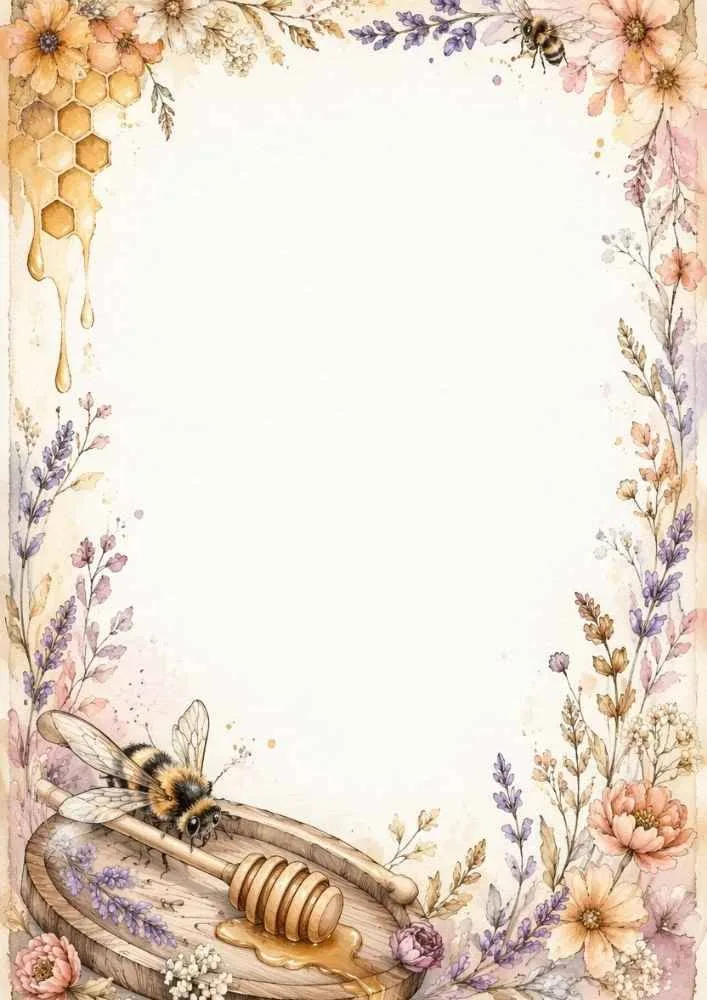 Watercolor border paper with honey dipper, bee, lavender, and floral accents.