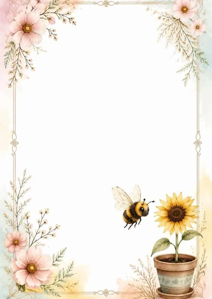 Watercolor stationery with bee, sunflower, pastel flowers, and elegant border.