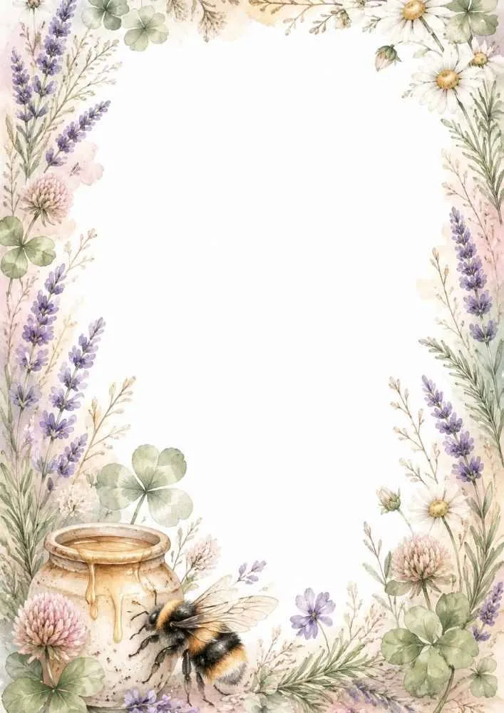 Watercolor border paper with honey pot, lavender, clover, and bee.