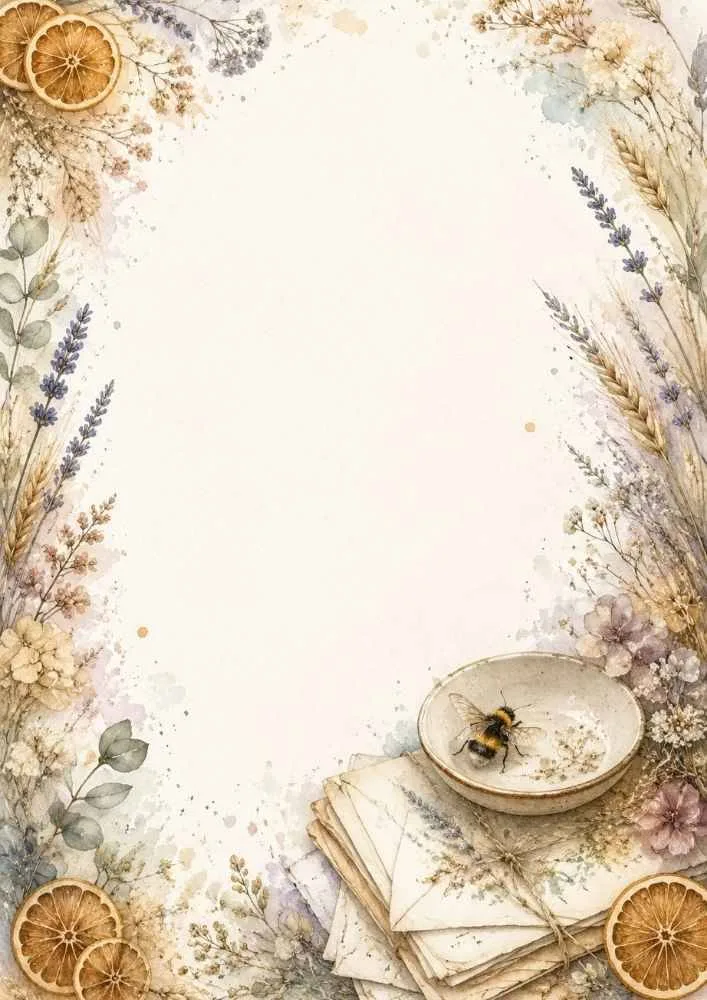 Rustic watercolor border paper with envelopes, dried oranges, herbs, and bee.