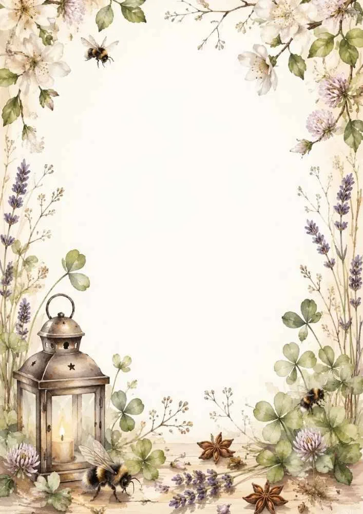 Watercolor border paper with lantern, bees, lavender, clover, and flowers.