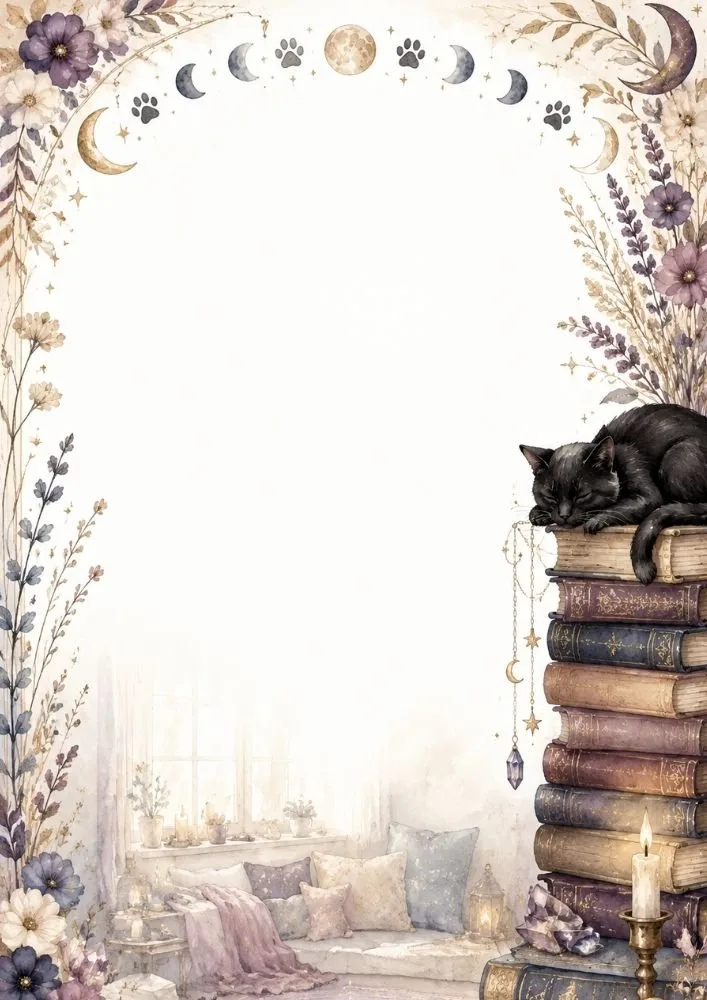 A black cat sleeping on stacked books with candles, crystals, flowers, moon phases, paw prints, and hanging charms. Floral borders frame a large blank center area.