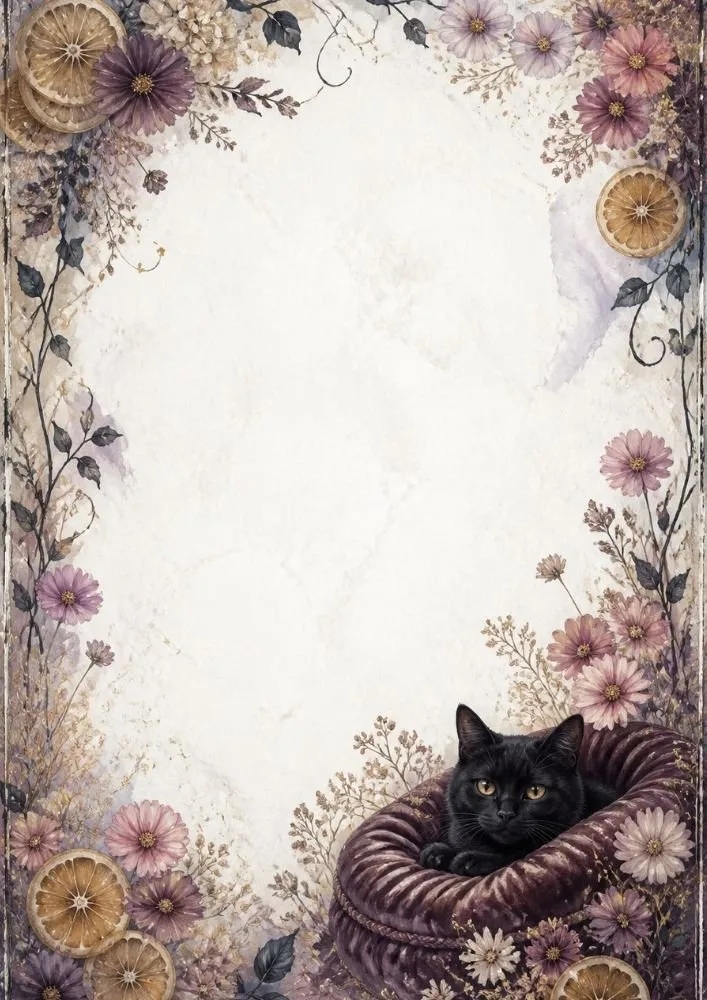 A black cat resting in a plush cushion at the bottom right. Flowers, dried orange slices, and leafy vines frame a large blank center area.