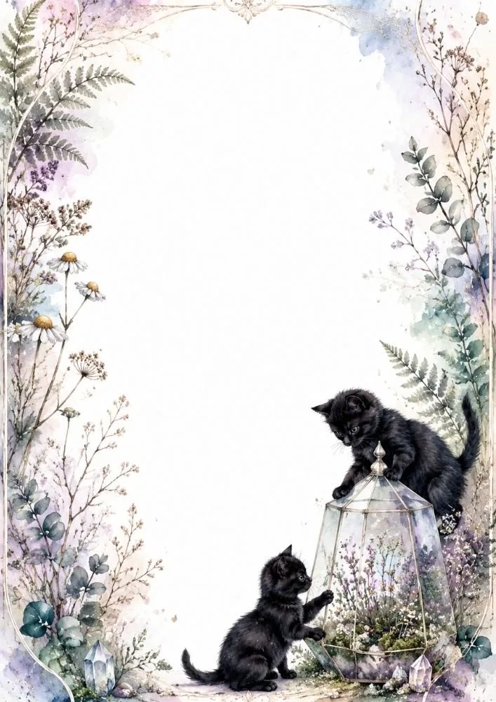 Two black kittens interacting with a glass terrarium near the bottom of the page. Flowers, leaves, crystals, and a large blank center surround them.