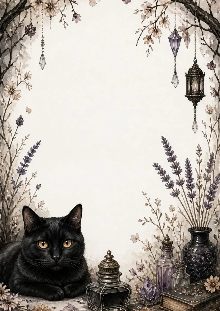 A black cat lying near glass bottles, books, crystals, and lavender. Hanging lanterns and floral branches frame a large blank center area.