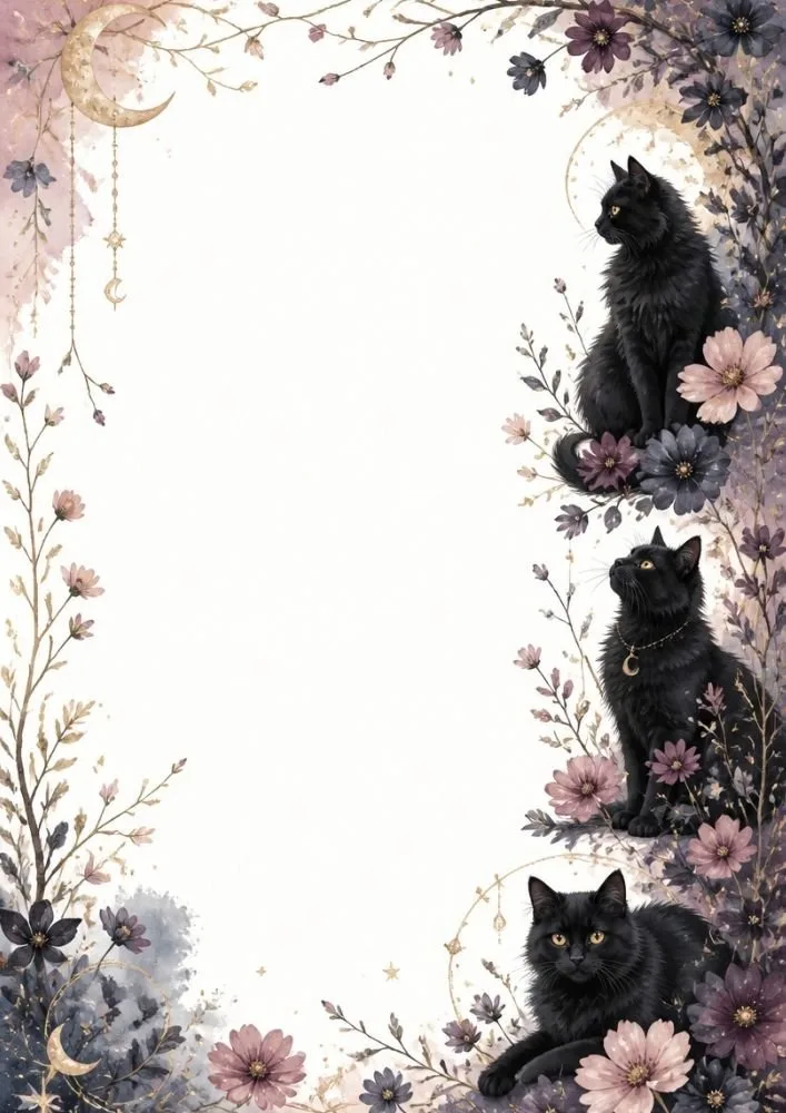 Three black cats surrounded by flowers, leaves, crescent moons, and decorative branches forming a border around a blank center.