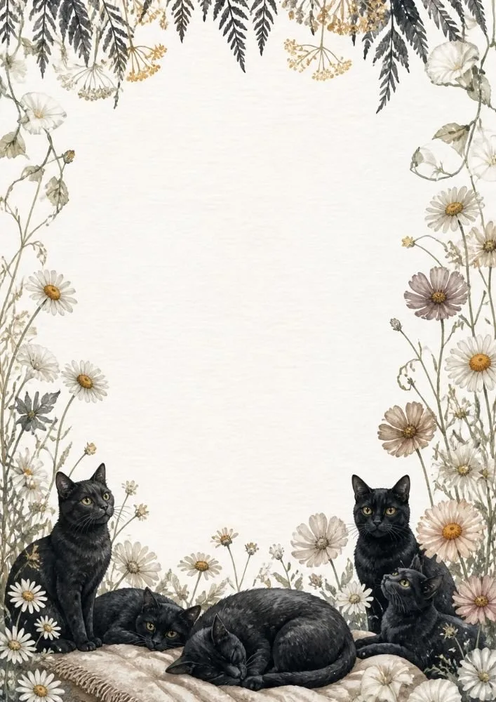Four black cats resting among daisies and wildflowers with floral borders around a large blank center.