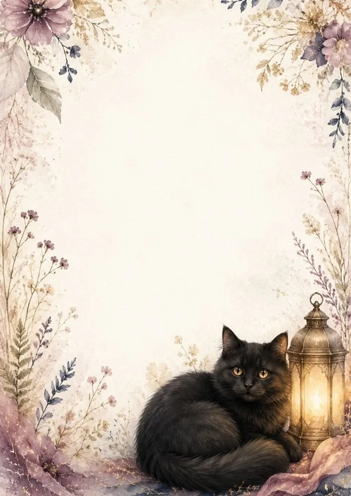 A black cat sitting near a lantern at the bottom of a floral border page. Purple and cream flowers decorate the corners with a large blank center area.