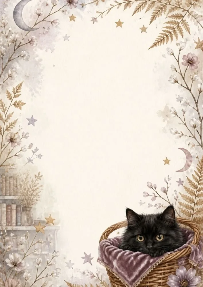 A black kitten sitting in a basket at the bottom right. Floral branches, stars, moons, and a small bookshelf decorate the border around a blank center.