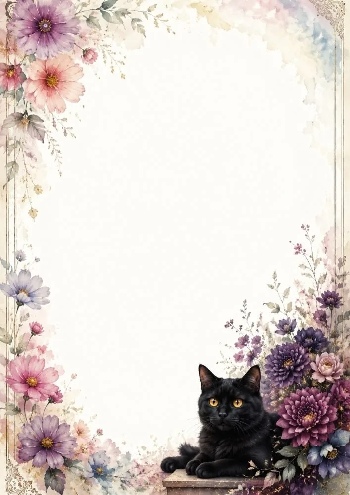 A black cat resting near large purple flowers at the bottom right. Decorative floral borders and corner details surround a large blank center area.