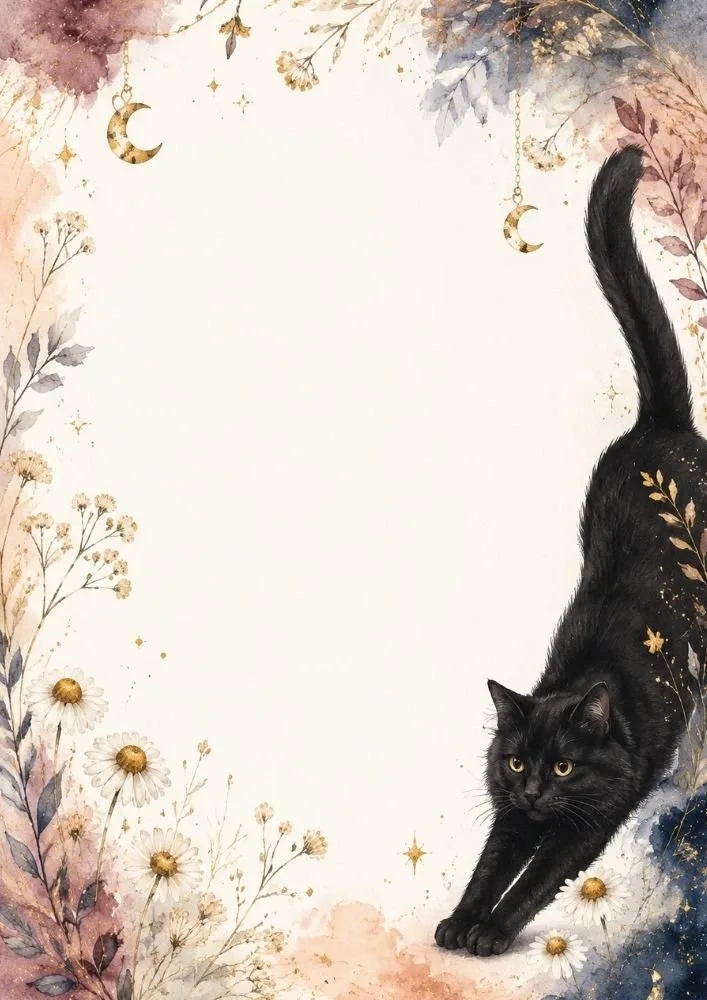 A stretching black cat on the right side of the page with flowers, leaves, hanging moons, and sparkles around a large blank center space.