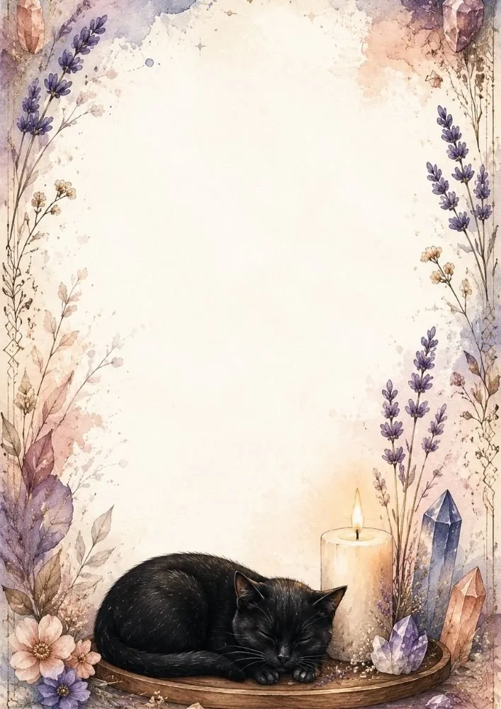 A black cat sleeping on a tray beside a lit candle and crystals. Lavender and flowers form a decorative border around a blank center area.