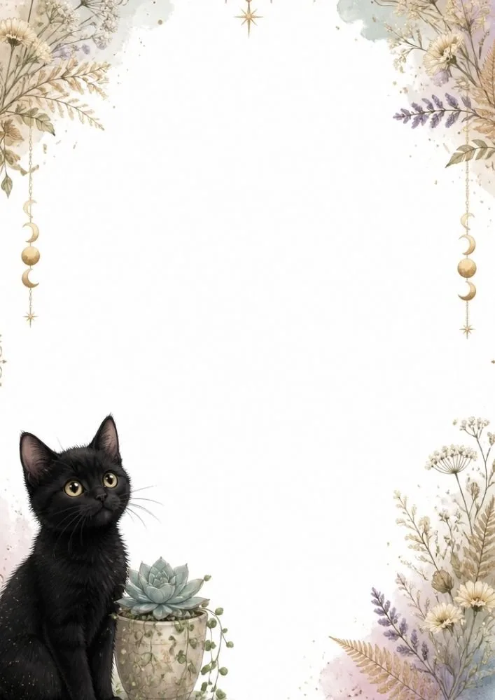 A black cat beside a succulent plant at the lower left corner. Floral borders, hanging moon ornaments, and a large blank center fill the page.