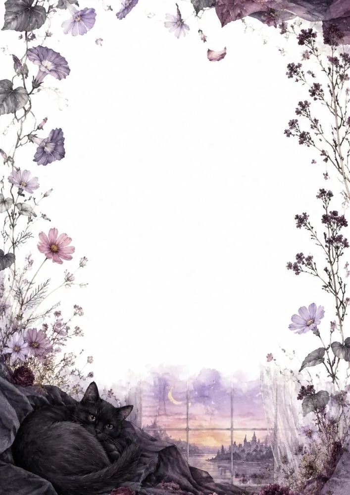 A black cat lying among flowers near a window scene at the bottom left. Floral branches and blossoms frame a large blank center area.