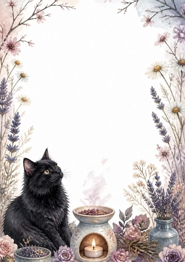 A black cat beside a candle warmer with lavender flowers, vases, and roses. Floral branches decorate the border around a blank center space.