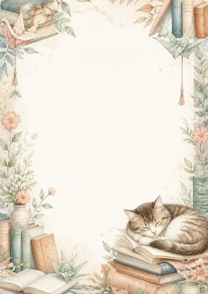 Sleeping kitten resting on books surrounded by flowers, leaves, and literary decorations.