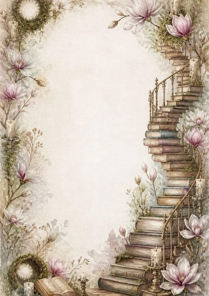 Spiral staircase of books decorated with magnolias and candles along the border.