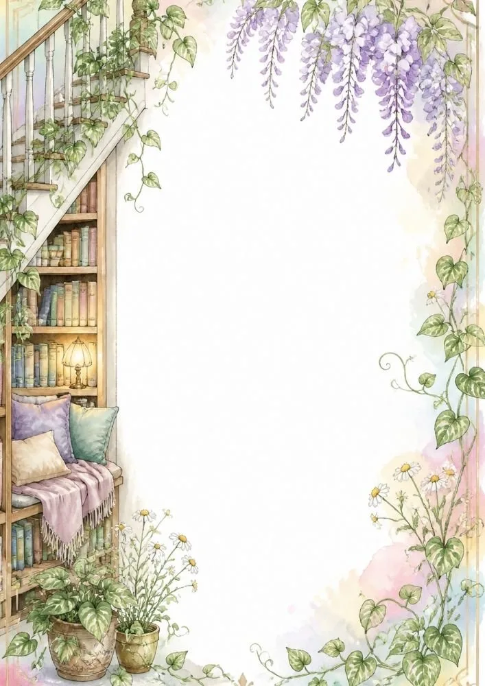 Bookshelf nook with potted plants, flowers, and hanging wisteria framing the page.