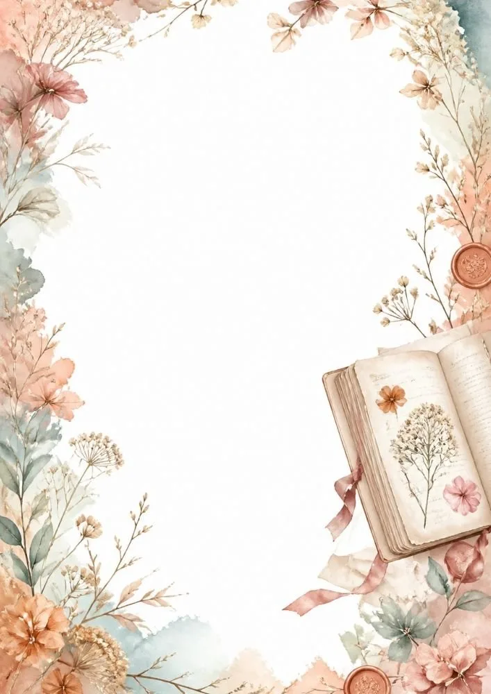 Open botanical journal surrounded by flowers and vintage decorative elements.