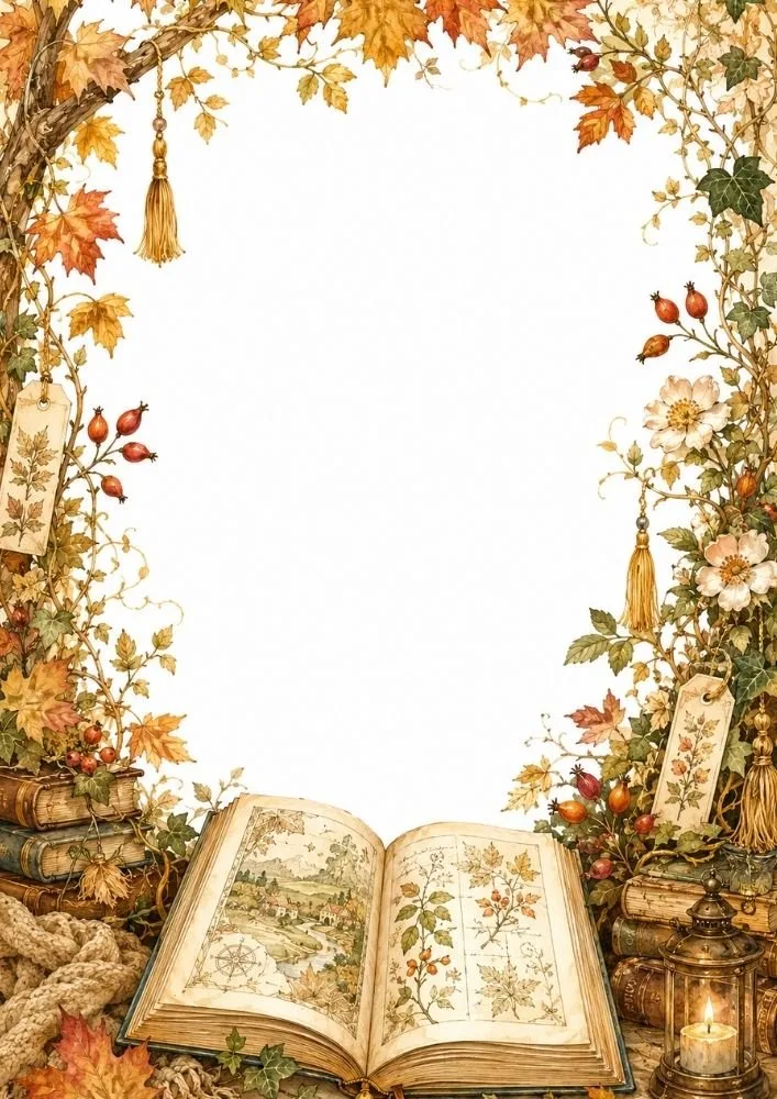 Open autumn-themed storybook with leaves, lanterns, and vintage books.