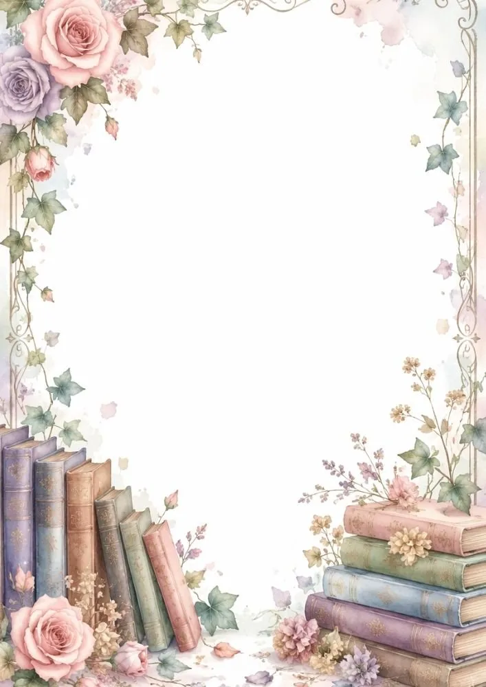Roses, ivy, and stacked books decorating a soft literary border.