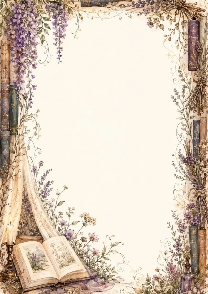 Lavender flowers and vintage books creating a decorative garden-inspired border.