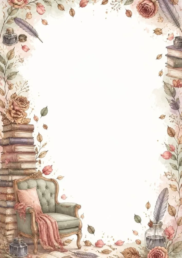 Cozy reading chair with books, feathers, and vintage writing accessories.