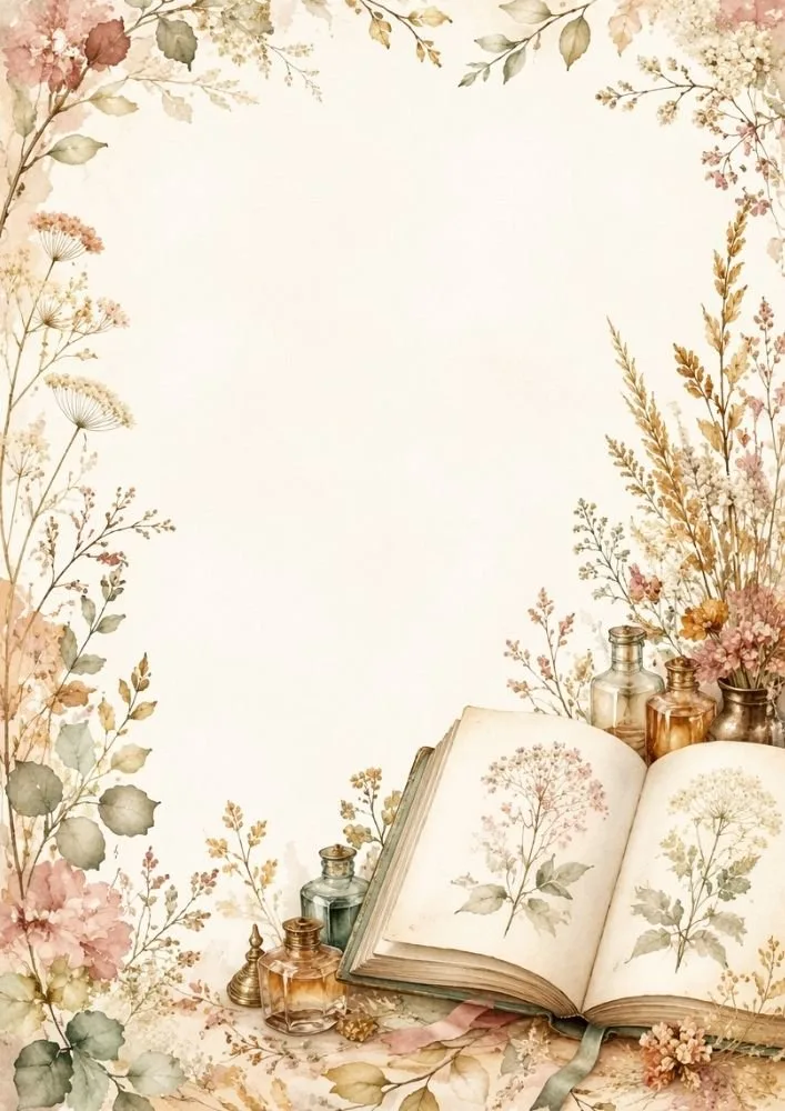 Open botanical book with flowers and glass bottles framing the page.